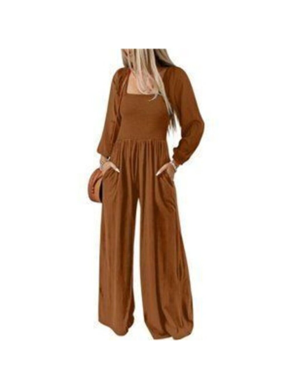 Women's Casual Loose Overall Jumpsuit Wide Leg Romper With Pocket, Coffee